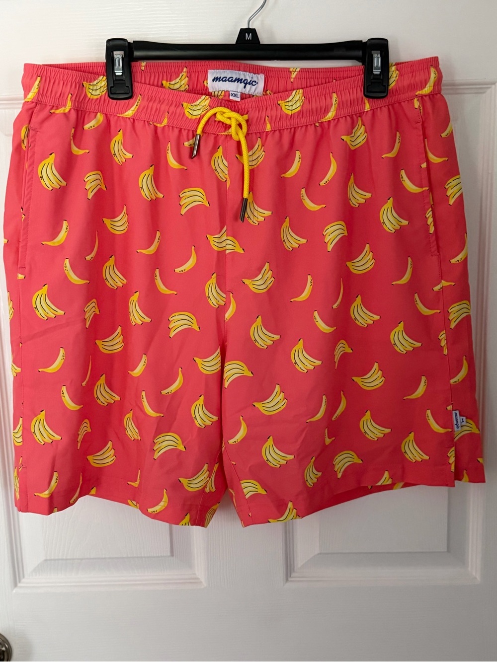 Maagic Coral Pink Banana-Print Swim Trunks